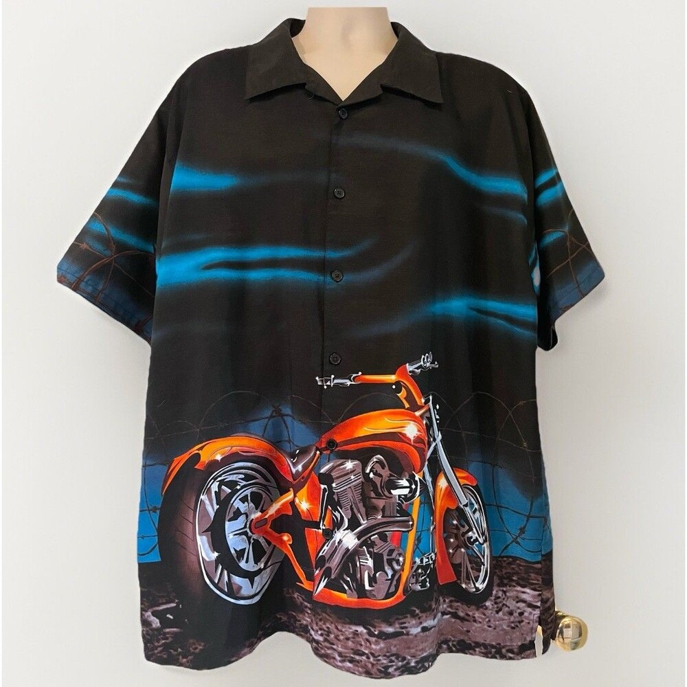 VTG Steve & Barrys Club Shirt Orange Biker Button Up Mens XL Black Motorcycle
